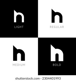 Cyber font, rounded digital alphabet, set of four different thickness trendy modern letter H for your logo design, vector illustration 10EPS