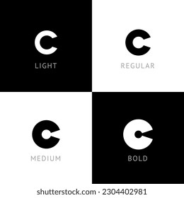 Cyber font, rounded digital alphabet, set of four different thickness trendy modern letter C for your logo design, vector illustration 10EPS