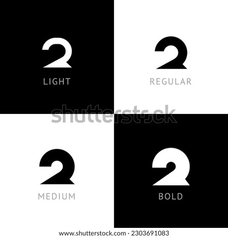 Cyber font, rounded digital alphabet, set of four different thickness trendy modern number 2 for your logo design, vector illustration 10EPS