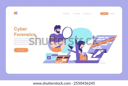 Cyber Forensics concept. Investigators analyze digital clues to crack cases with cutting-edge technology tools. Crime-solving in the digital age. Vector illustration.