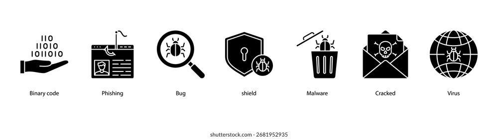 Ilustración vectorial de íconos de Anuncio de Web de ciberforenses con código binario, phishing, bug, Shield, malware, cracked y virus.
