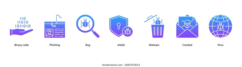 Ilustración vectorial de íconos de Anuncio de Web de ciberforenses con código binario, phishing, bug, Shield, malware, cracked y virus.