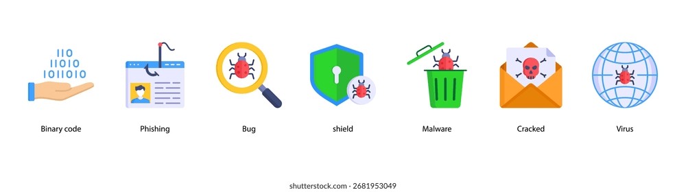 Ilustración vectorial de íconos de Anuncio de Web de ciberforenses con código binario, phishing, bug, Shield, malware, cracked y virus.
