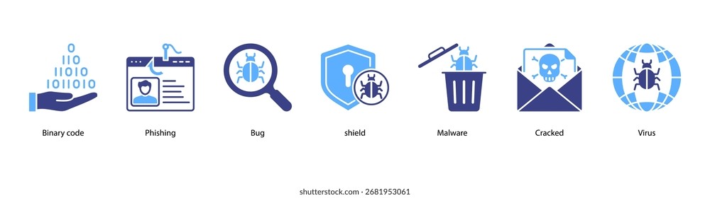 Ilustración vectorial de íconos de Anuncio de Web de ciberforenses con código binario, phishing, bug, Shield, malware, cracked y virus.