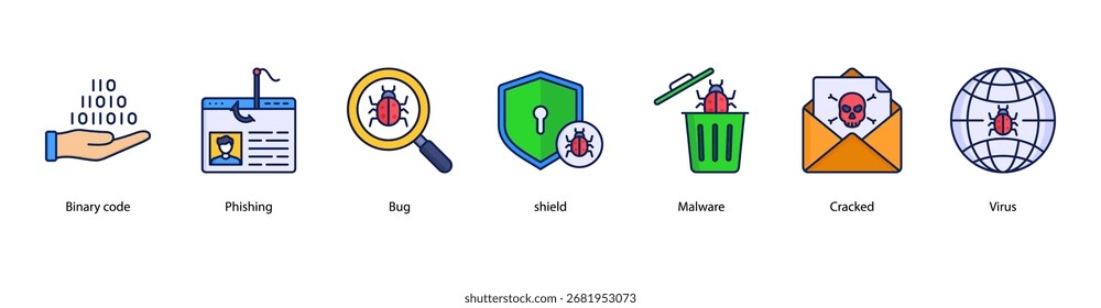 Ilustración vectorial de íconos de Anuncio de Web de ciberforenses con código binario, phishing, bug, Shield, malware, cracked y virus.