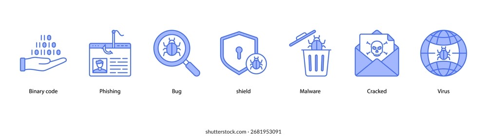Ilustración vectorial de íconos de Anuncio de Web de ciberforenses con código binario, phishing, bug, Shield, malware, cracked y virus.