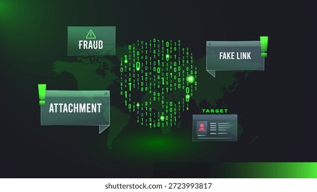 Concepto de fraude cibernético con cráneo binario, mapa del mundo y falsas alertas de Enlace sobre fondo verde oscuro. Amenaza a la seguridad digital, phishing adjunto y advertencia de violación de datos para temas tecnológicos. Fraude de seguridad cibernética