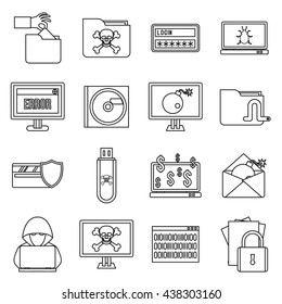 Cyber Fraud Icons Set Outline. Thin Line Illustration Of Cyber Fraud Vector Icons. Alert Crime Attack. Laundering Money Set