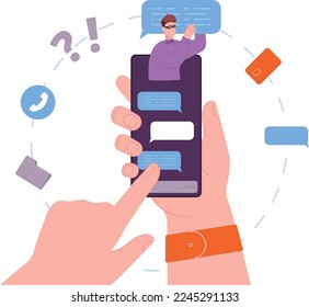 Cyber fraud in messenger. Hacker scam person in social media isolated on white background