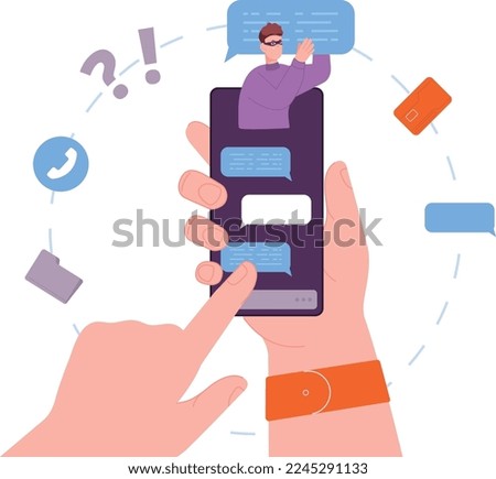 Cyber fraud in messenger. Hacker scam person in social media isolated on white background