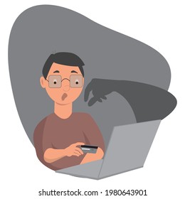 cyber fraud.  Online scam, malware and password phishing. User with laptop and hacker  attack computer and steals information.Financial Security Problem. Vector illustration. 