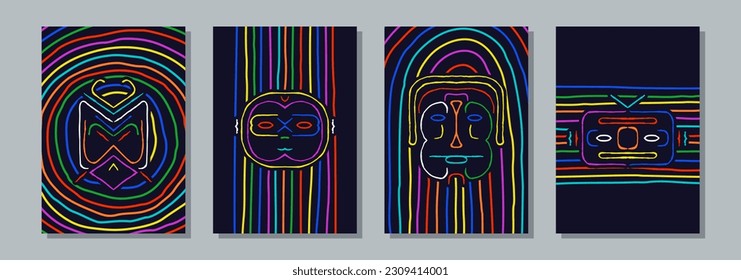 Cyber futuristic characters. Abstract linear style face portrait. Funny minimalist design. Vector poster