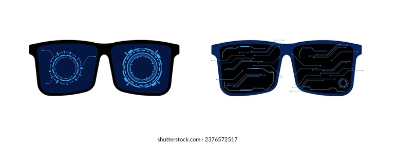 Gafas cibernéticas futuristas. Accesorios de tecno negro con gráficos digitales azules y círculos sobre lentes con hackeo de exploración y vector espía