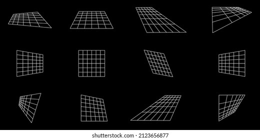 Cyber Futuristic Perspective 3d Wireframe on Black Background. Set of Geometric Wireframe at Angle. Horizon Cyberpunk Retro Element. Abstract Modern Design. Isolated Vector Illustration.