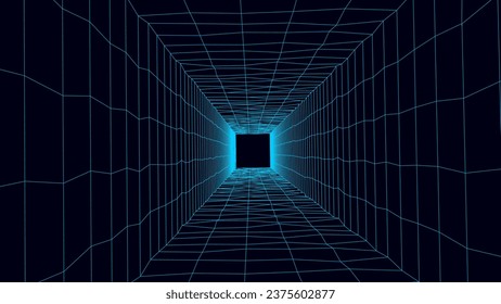 Cyber futuristic speed tunnel. Sci-fi vector blue wormhole. Abstract 3D wireframe portal with connections lines and dots. Data flow. Technology grid funnel. svg