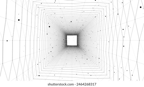 Túnel de velocidad ciberfuturista. Vector de ciencia ficción agujero de gusano blanco. Abstractas portal de alambres 3D con líneas de conexiones y puntos. Flujo de datos. Embudo de rejilla de Tecnología.