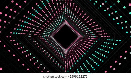 Cyber futuristic speed tunnel. Sci-fi vector colors wormhole. Abstract 3D wireframe portal with connections lines and dots. Data flow. Technology grid funnel.