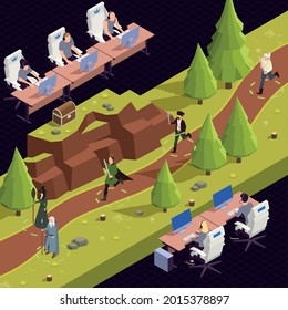 Cyber game isometric background with online strategy symbols vector illustration