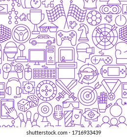 Cyber Game Line Seamless Pattern. Vector Illustration of Outline Background.