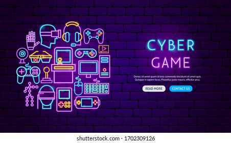 Cyber Game Neon Banner Design. Vector Illustration of Computer Promotion.