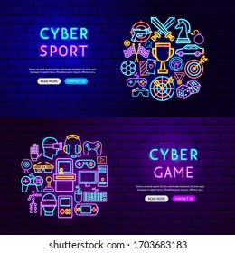 Cyber Game Neon Banners. Vector Illustration of Computer Promotion.