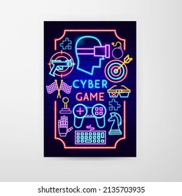 Cyber Game Neon Flyer. Vector Illustration of Technology Promotion.