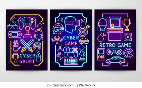 Cyber Game Neon Flyers. Vector Illustration of Technology Promotion.