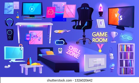 Cyber gamer object set. Furniture for bedroom teen boy. Workplace streamer with pc, monitor and armchair. Neon interior design. Vector illustration
