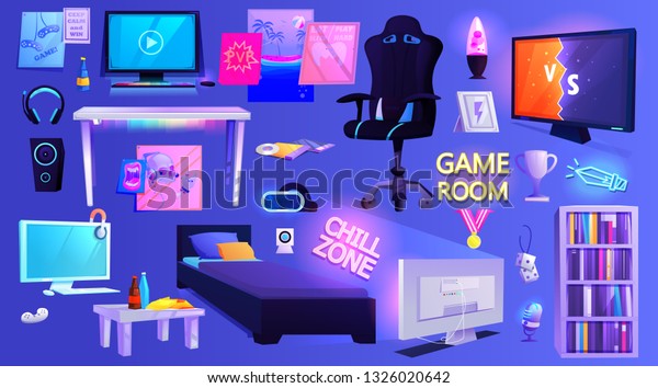 Cyber Gamer Object Set Furniture Bedroom Stock Vektorgrafik