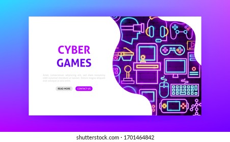 Cyber Games Neon Landing Page. Vector Illustration of Computer Promotion.