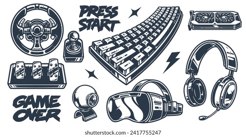 Cyber gaming monochrome set labels with pedals and lever for racing simulator games and keyboard with video card vector illustration