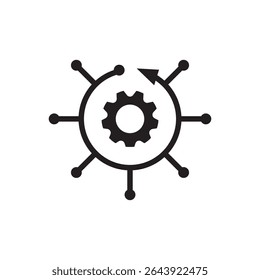  cyber gear network node icon vector. Central gear icon with radial nodes, symbol of digital networks.