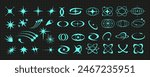Cyber geometry y2k aesthetic star and planet set, retro abstract rave atom shape graphic, blue neon 90s sparkle element vector, vintage acid figure set, geometric trendy groovy symbol collection