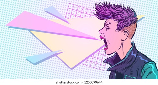 Cyber Girl Screams. Emotion 80s Woman. Pop Art Retro Vector Illustration Kitsch Vintage. 80s Girl Woman