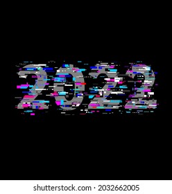 Cyber glitch, 2022 on black background, Design for t-shirts, posters, cards, typography print, grunge background