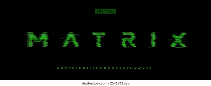 Cyber glitch alfabeto, letras de efeito de matriz, código binário fonte pixelated para o logotipo retrofuturismo, manchetes cyberpunk, título de arcade Y2K, dados tipografia de segurança cibernética. Tipo de vetor.