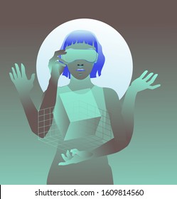Cyber Goddess with many hands, virtual reality assistant, human cyborg with artificial intelligence.
Futuristic cyberpunk style illustration.