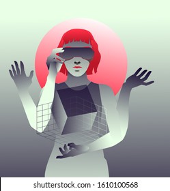 Cyber Goddess with many hands, virtual reality assistant, human cyborg with artificial intelligence. Futuristic cyberpunk style illustration.