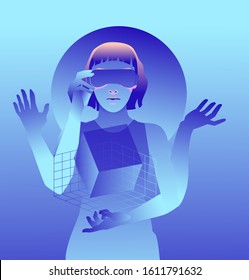 Cyber Goddess with many hands, virtual reality assistant, human cyborg with artificial intelligence.
Futuristic cyberpunk style illustration.