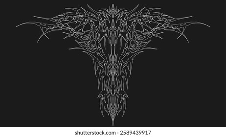 Cyber gothic sigilism symmetrical shapes, neo tribal ornament vector illustration on dark background