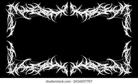 Cyber gothic Tribal frame design with sharp, symmetrical white thorns on black background, perfect for dark art and gothic projects