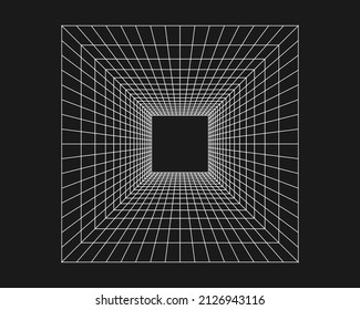 Cibercuadrícula, túnel rectangular de perspectiva retro punk. Geometría del túnel de cuadrícula sobre fondo negro. Ilustración vectorial.