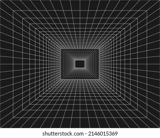 Cyber grid, retro punk perspective rectangular tunnel. Grid tunnel geometry on black background. Vector illustration.