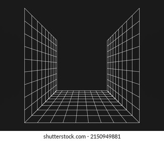 Cyber-Gitter, Retro-Punk-Perspektive rechteckiger Tunnel. Geometrie des Gittertunnels auf schwarzem Hintergrund. Vektorgrafik.