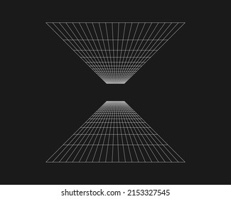 Cibercuadrícula, túnel rectangular de perspectiva retro punk. Geometría del túnel de cuadrícula sobre fondo negro. Ilustración vectorial.