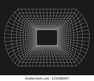 Cyber grid, retro punk perspective rectangular tunnel. Grid tunnel geometry on black background. Vector illustration.