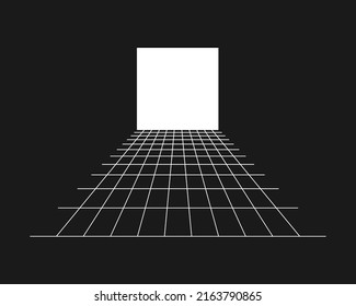 Cibercuadrícula, túnel rectangular de perspectiva retro punk. Geometría del túnel de cuadrícula sobre fondo negro. Ilustración vectorial.