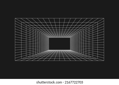 Cyber grid, retro punk perspective rectangular tunnel. Grid tunnel geometry on black background. Vector illustration.