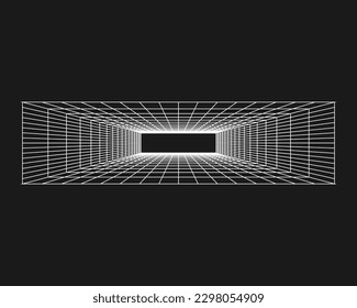 Cyber grid, retro punk perspective rectangular tunnel. Grid tunnel geometry on black background. Vector illustration.