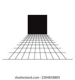 Cyber grid, retro punk perspective rectangular tunnel. Grid tunnel geometry on black background. Vector illustration.